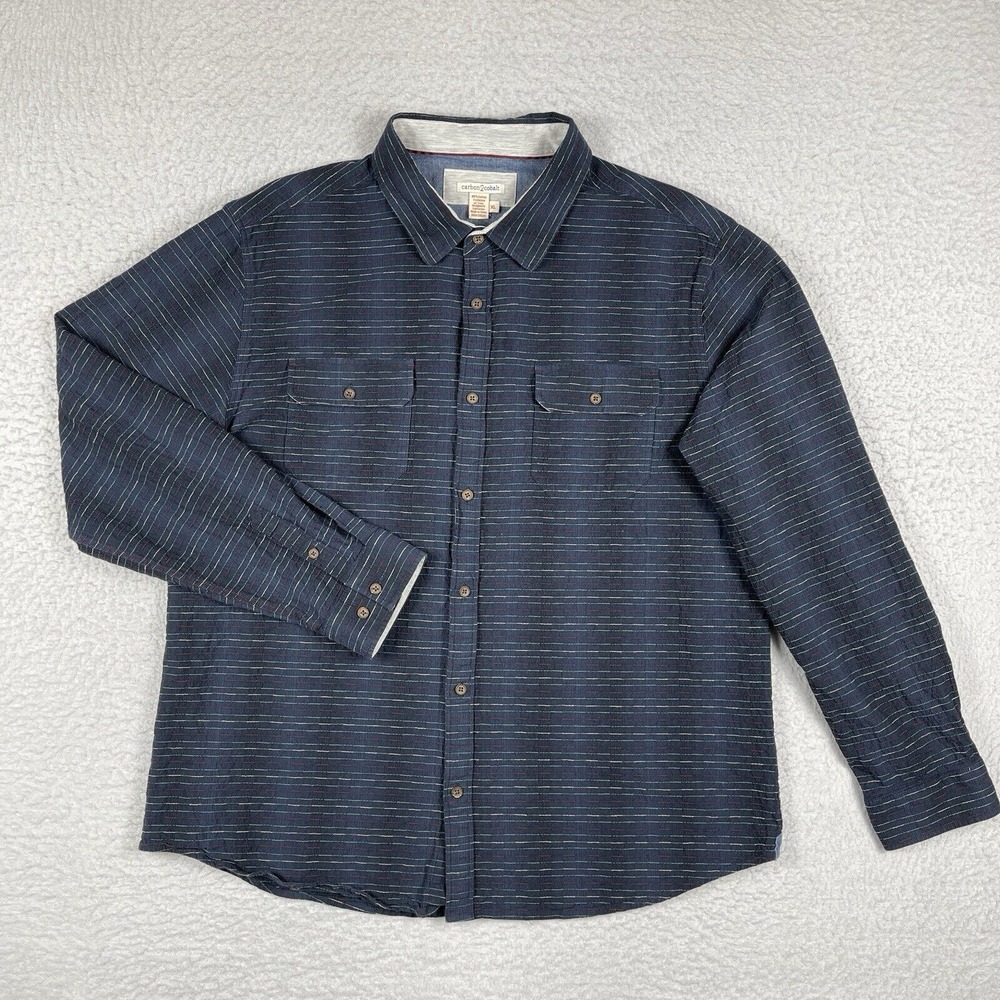 Carbon2Cobalt Shirt Mens XL‎ Blue Embroidered Stripes Gorpcore Preppy Casual